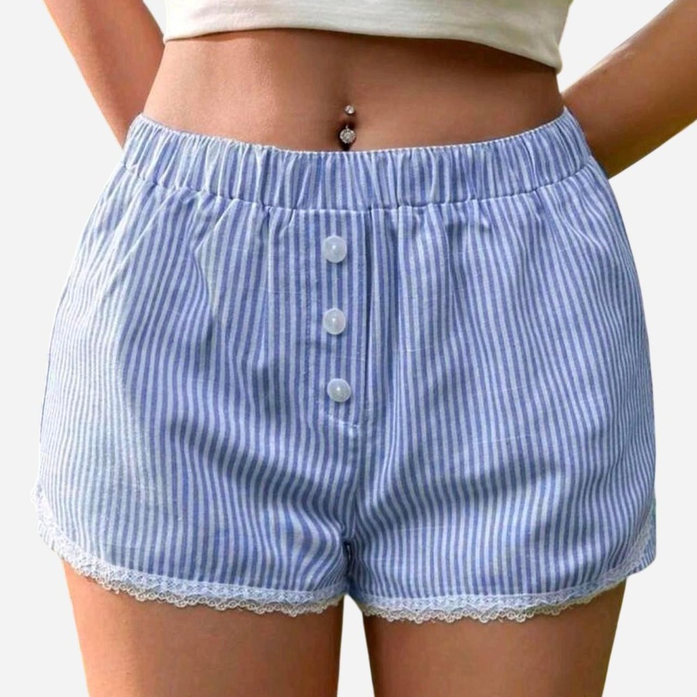 blue + white striped lace trim shorts